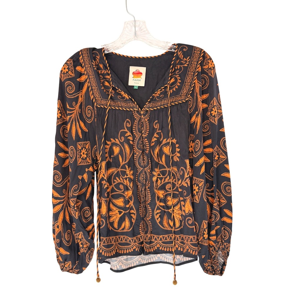Farm Rio Cornely Ainika Blouse Black Orange Peasant Boho Bohemian Long Sleeve XS